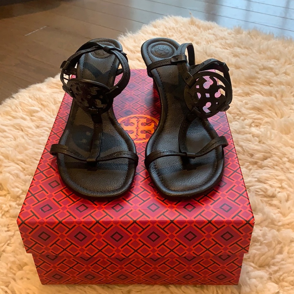 Tory Burch Black Leather Wedge Sandals